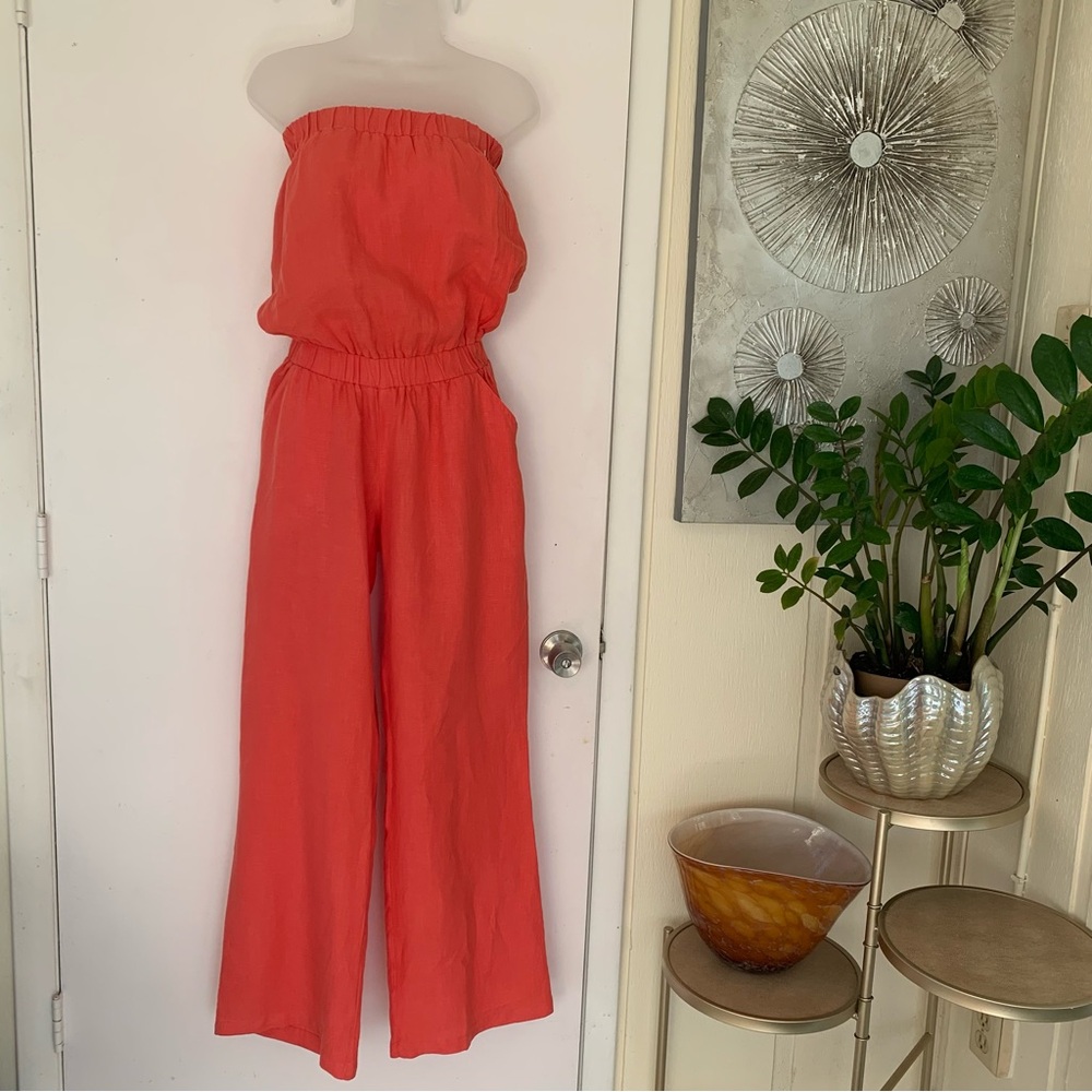 Jolie 100% coral linen stripless pul on jumpsuit size S